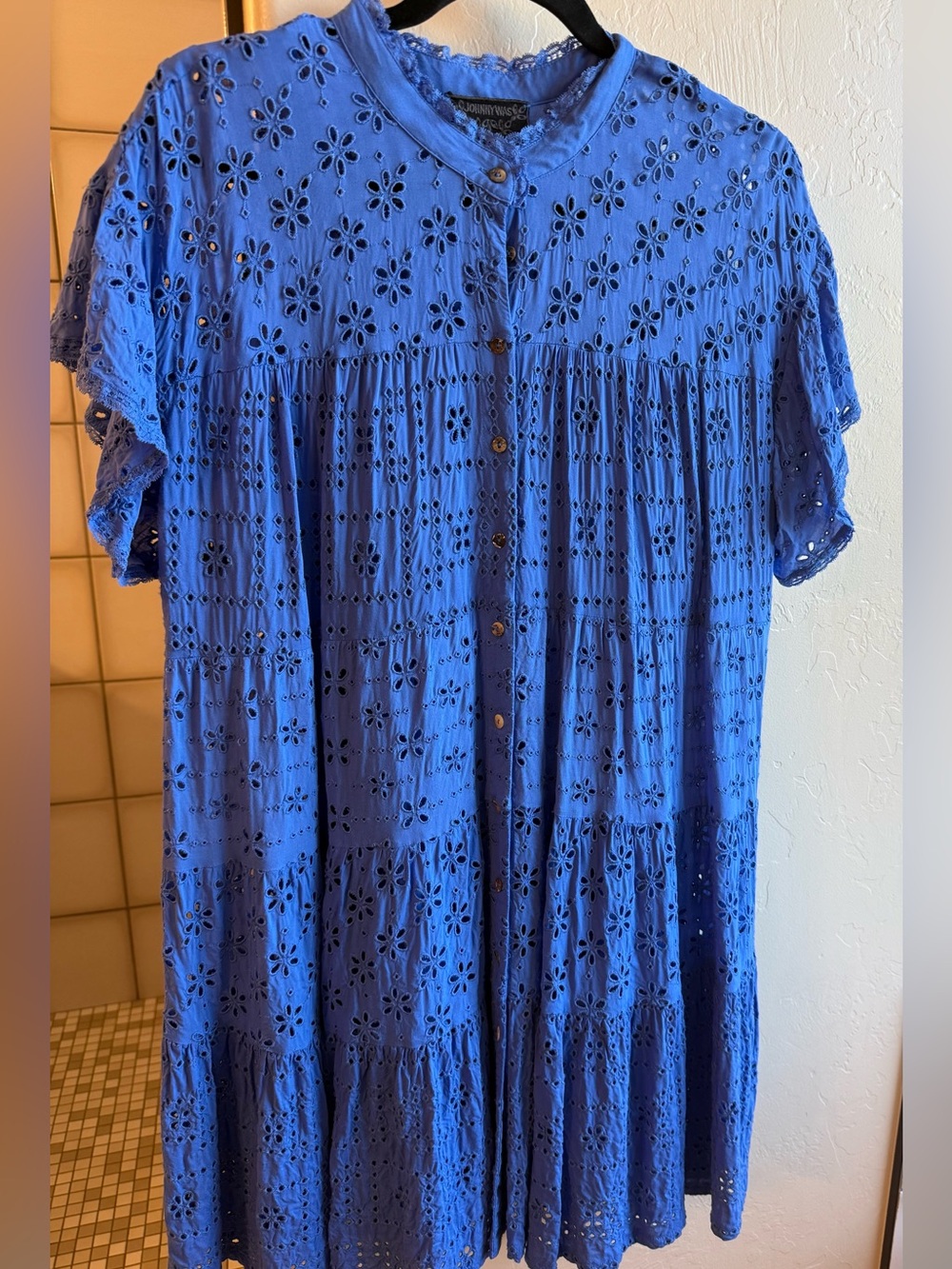 Johnny Was Royal Blue Eyelet Button-Front Tunic Dress